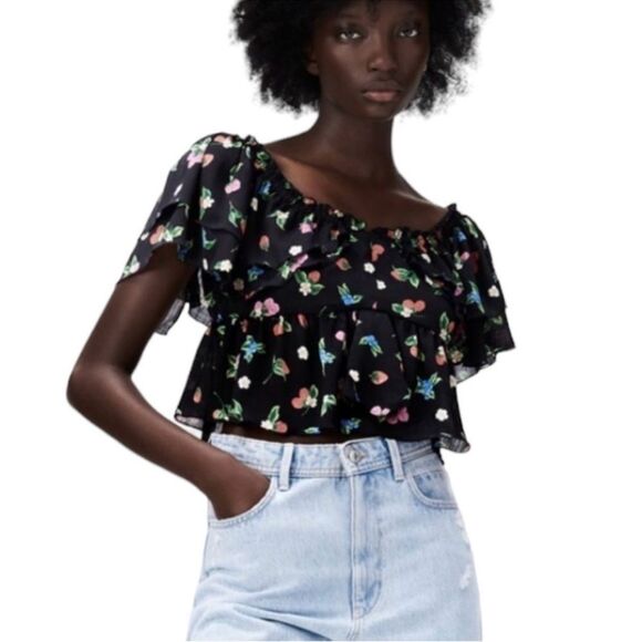 Zara Off Shoulder Fruit & Floral Print Ruffle Chiffon Top | Black/Multi | Medium - Picture 2 of 6